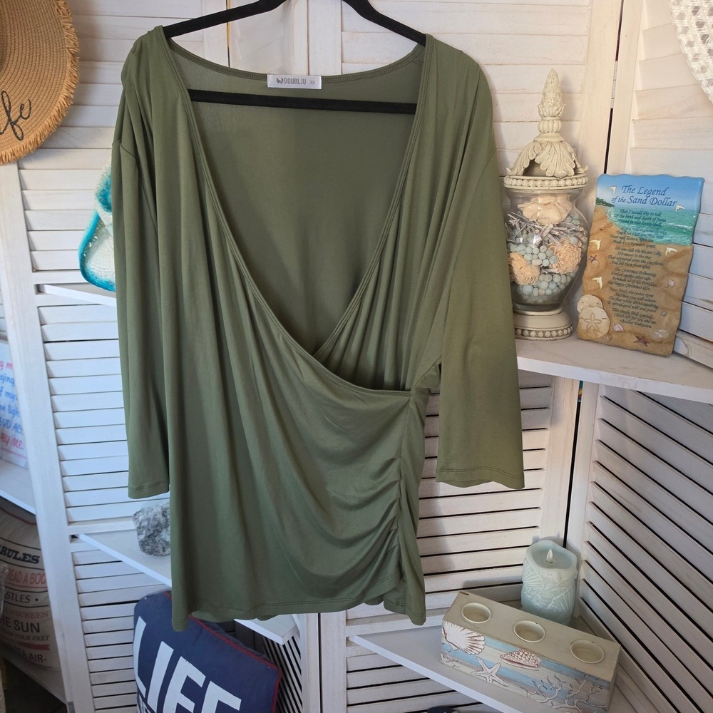 70. 3X Set Doublju Olive Green Wrap Blouse & Striped Wide Leg Pants